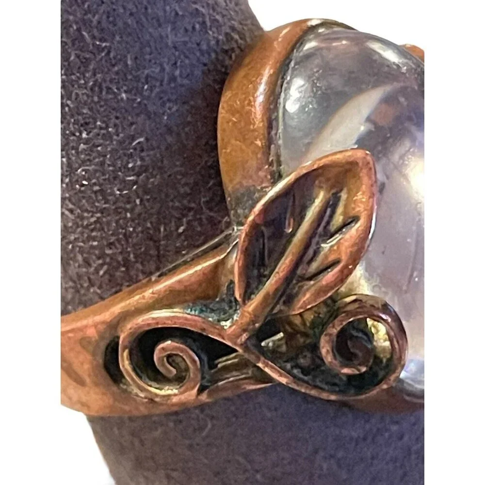 VTG Cabochon Clear Glass Filigree Floral Brass Ring Oval Gypsy Orb‎ MCM Size 7
